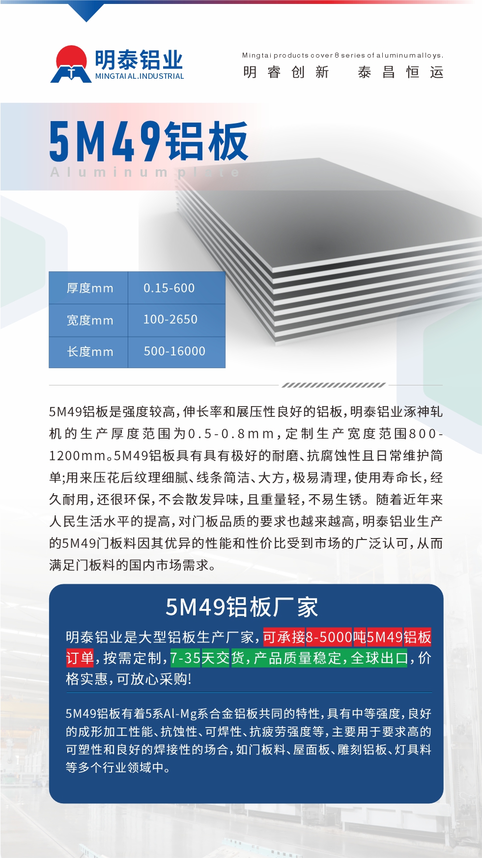 5M49鋁板是強(qiáng)度較高，伸長(zhǎng)率和展壓性良好的鋁板，明泰鋁業(yè)涿神軋機(jī)的生產(chǎn)厚度范圍為0.5-0.8mm，定制生產(chǎn)寬度范圍800-1200mm。5M49鋁板具有具有極好的耐磨、抗腐蝕性且日常維護(hù)簡(jiǎn)單;用來(lái)壓花后紋理細(xì)膩、線(xiàn)條簡(jiǎn)潔、大方，極易清理，使用壽命長(zhǎng)，經(jīng)久耐用，還很環(huán)保，不會(huì)散發(fā)異味，且重量輕，不易生銹。 隨著近年來(lái)人民生活水平的提高，對(duì)門(mén)板品質(zhì)的要求也越來(lái)越高，明泰鋁業(yè)生產(chǎn)的5M49門(mén)板料因其優(yōu)異的性能和性?xún)r(jià)比受到市場(chǎng)的廣泛認(rèn)可，從而滿(mǎn)足門(mén)板料的國(guó)內(nèi)市場(chǎng)需求。
