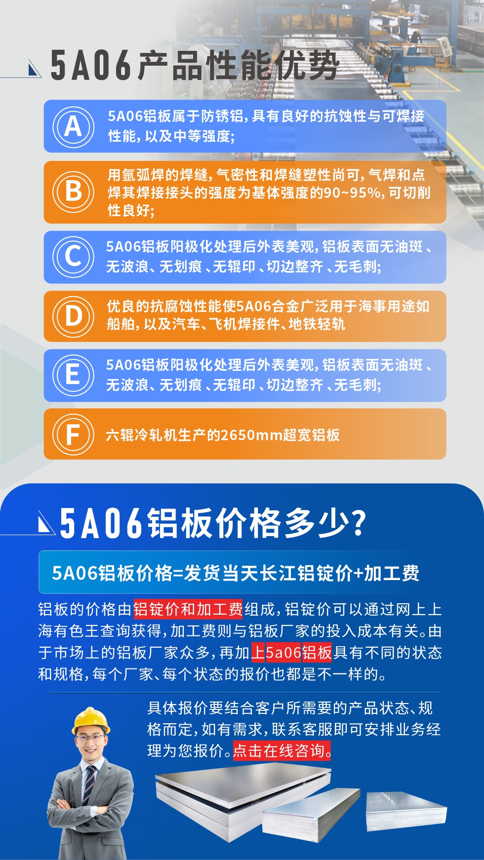 產(chǎn)品性能優(yōu)勢(shì)   

1、5A06鋁板屬于防銹鋁，具有良好的抗蝕性與可焊接性能，以及中等強(qiáng)度;

2、用氬弧焊的焊縫，氣密性和焊縫塑性尚可，氣焊和點(diǎn)焊其焊接接頭的強(qiáng)度為基體強(qiáng)度的90~95%，可切削性良好;

3、5A06鋁板陽(yáng)極化處理后外表美觀，鋁板表面無(wú)油斑 、無(wú)波浪、 無(wú)劃痕 、無(wú)輥印 、切邊整齊 、無(wú)毛刺;

4、優(yōu)良的抗腐蝕性能使5A06合金廣泛用于海事用途如船舶，以及汽車、飛機(jī)焊接件、地鐵輕軌;

5、六輥冷軋機(jī)生產(chǎn)的2650mm超寬鋁板;