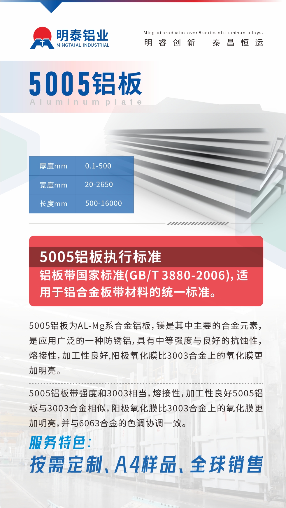 產(chǎn)品介紹

5005鋁板為AL-Mg系合金鋁板，鎂是其中主要的合金元素，是應(yīng)用廣泛的一種防銹鋁，具有中等強度與良好的抗蝕性，熔接性，加工性良好,陽極氧化膜比3003合金上的氧化膜更加明亮。

5005鋁板帶強度和3003相當(dāng)，熔接性，加工性良好5005鋁板與3003合金相似，陽極氧化膜比3003合金上的氧化膜更加明亮，并與6063合金的色調(diào)協(xié)調(diào)一致。服務(wù)特色：按需定制、A4樣品、全球銷售!

