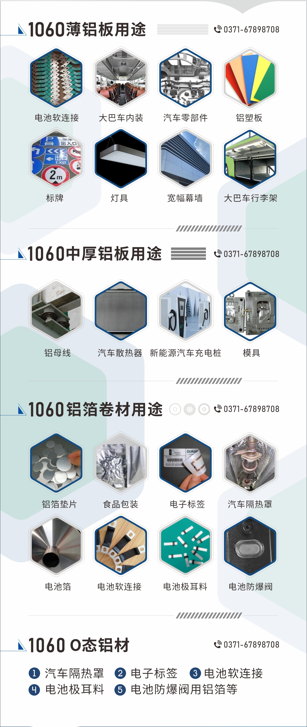 1060鋁板卷用途
　　1060鋁薄板用途： 電池軟連接、大巴車內(nèi)裝、汽車零部件、鋁塑板、標牌、燈具、寬幅幕墻、大巴車行李架/地板/花紋板(宇通公司使用)等;1060中厚鋁板用途：鋁母線、汽車散熱器、新能源汽車充電樁、模具等;1060鋁箔卷材用途：鋁箔墊片、食品包裝、電子標簽、汽車隔熱罩用鋁箔、電池箔、電池軟連接、電池極耳料、電池防爆閥等;1060-O態(tài)鋁材用途：汽車隔熱罩、電子標簽、電池軟連接、電池極耳料、電池防爆閥用鋁箔等;1060鋁板多少錢1噸.1060鋁板價格=發(fā)貨當天長江鋁錠價+加工費