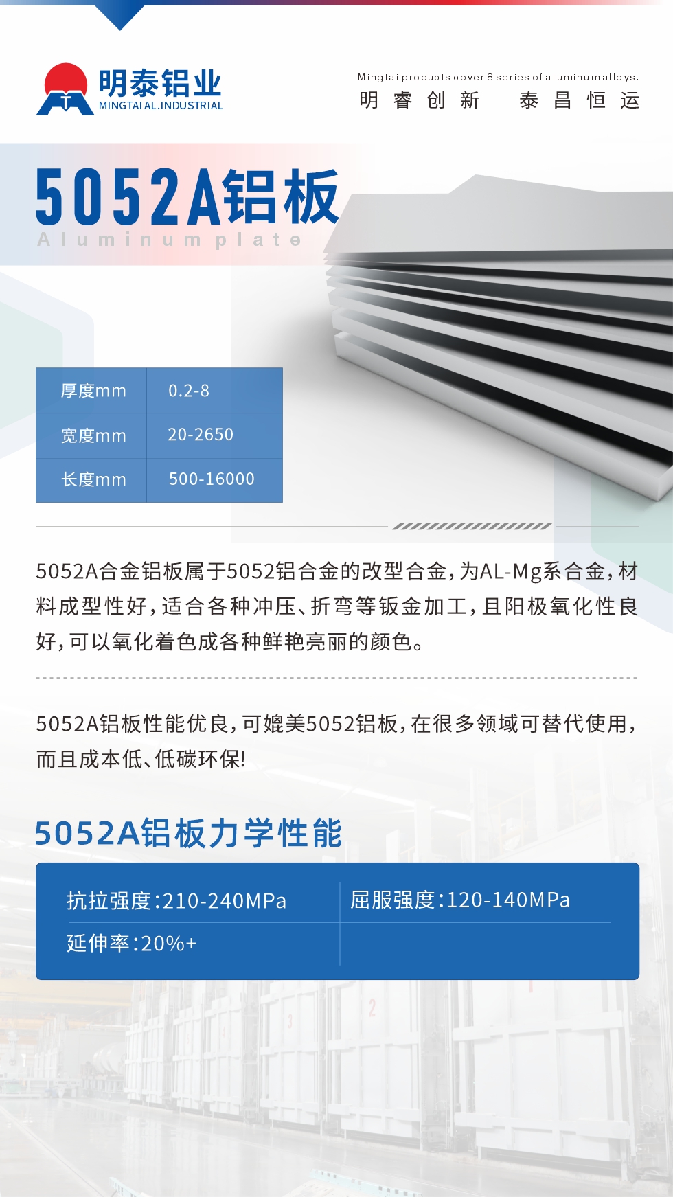 5052A合金鋁板屬于5052鋁合金的改型合金，為AL-Mg系合金，材料成型性好，適合各種沖壓、折彎等鈑金加工，且陽極氧化性良好，可以氧化著色成各種鮮艷亮麗的顏色。5052A鋁板性能優(yōu)良，可媲美5052鋁板，在很多領(lǐng)域可替代使用，而且成本低、低碳環(huán)保!5052A鋁板力學性能抗拉強度：210-240MPa屈服強度：120-140MPa延伸率：20%+