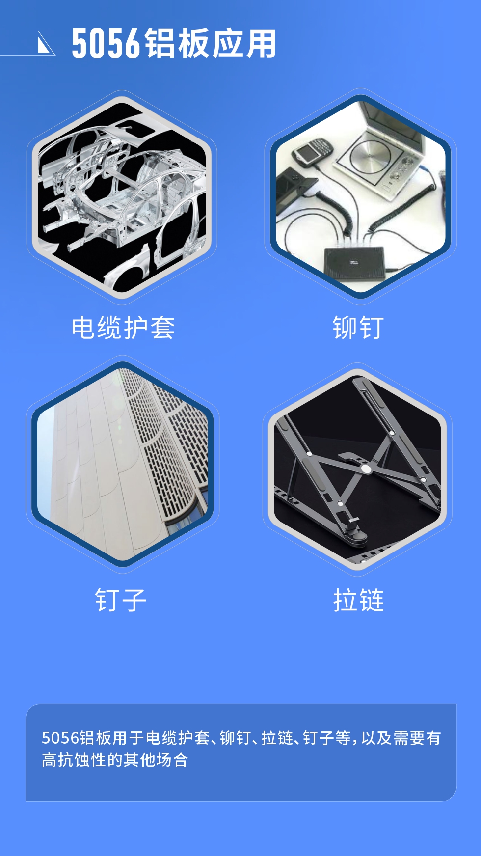 市場應(yīng)用
　　5056鋁板用于電纜護套、鉚釘、拉鏈、釘子等，以及需要有高抗蝕性的其他場合。
　　5056鋁板生產(chǎn)廠家
　　明泰鋁業(yè)支持定做，為用戶合理推薦更合理產(chǎn)品規(guī)格，并提供優(yōu)惠報價，讓您選購無憂。
　　明泰鋁業(yè)是一家集科研、加工、制造為一體的大型現(xiàn)代化鋁加工企業(yè)。公司可生產(chǎn)1-8系鋁板帶箔產(chǎn)品，規(guī)格齊全。