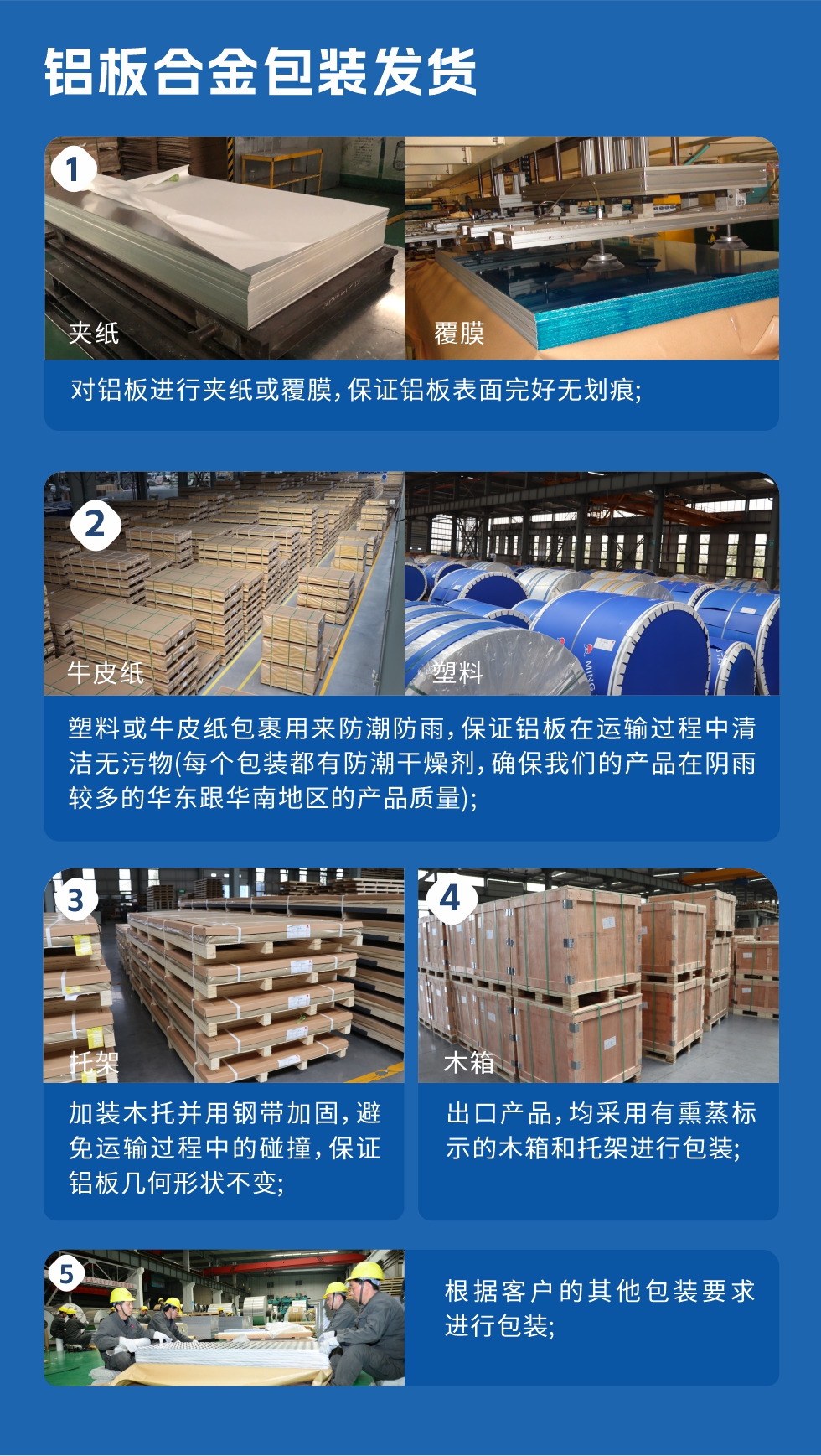 1、對鋁板進(jìn)行夾紙或覆膜，保證鋁板表面完好無劃痕；2、塑料或牛皮紙包裹用來防潮防雨，保證鋁板在運(yùn)輸過程中清潔無污物(每個(gè)包裝都有防潮干燥劑，確保我們的產(chǎn)品在陰雨較多的華東跟華南地區(qū)的產(chǎn)品質(zhì)量)；3、加裝木托并用鋼帶加固，避免運(yùn)輸過程中的碰撞，保證鋁板幾何形狀不變；4、出口產(chǎn)品，均采用有熏蒸標(biāo)示的木箱和托架進(jìn)行包裝；5、根據(jù)客戶的其他包裝要求進(jìn)行包裝。
