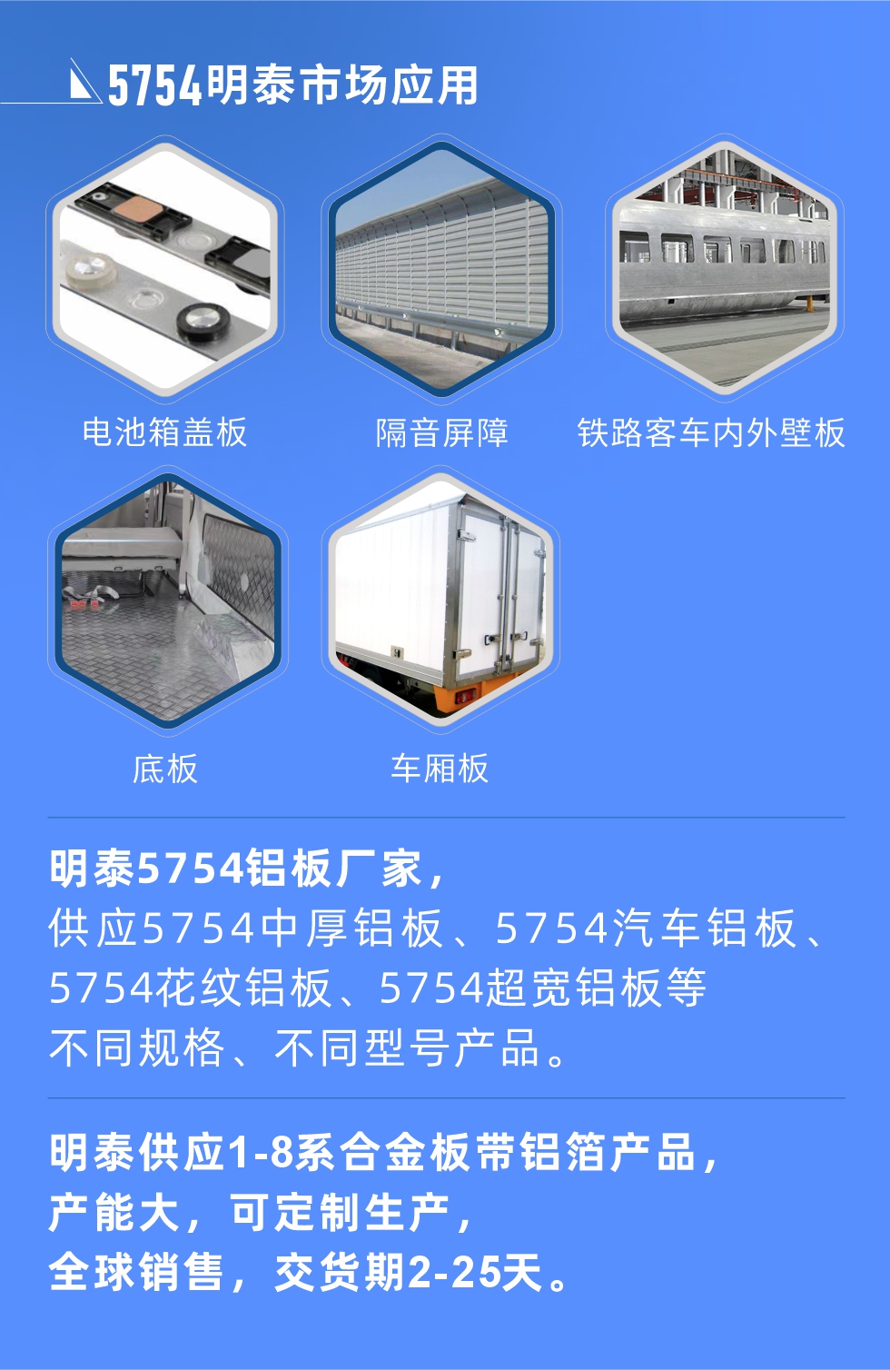 明泰5754鋁板優(yōu)勢(shì)

　　1、可焊接性能強(qiáng)，焊接裂縫的傾向低，焊縫和基體金屬的強(qiáng)度高。

　　2、表面的氧化物較少，軋制板材的表面質(zhì)量好，光滑無(wú)裂紋，無(wú)腐蝕斑點(diǎn)和硝鹽痕跡。

　　3、5754鋁板屬于中高強(qiáng)度的鋁合金，疲勞性能和耐腐蝕性能好。

　　4、可根據(jù)客戶需求定制不同厚度、不同版型的5754鋁板產(chǎn)品。

　　5754鋁板生產(chǎn)以及包裝要求
　　1、表面不允許有裂紋、腐蝕斑點(diǎn)和硝鹽痕跡。

　　2、表面上允許有深度不超過(guò)缺陷所在部位壁厚公稱尺寸8%的起皮、氣泡、表面粗超和局部機(jī)械損傷，但缺陷深度不能超過(guò)0.5mm,缺陷總面積不超過(guò)板材總面積的5%。

　　3、允許供貨方沿型材縱向打光至表面光滑。

　　4、其他要求：有需求方和供貨方自己擬定。

