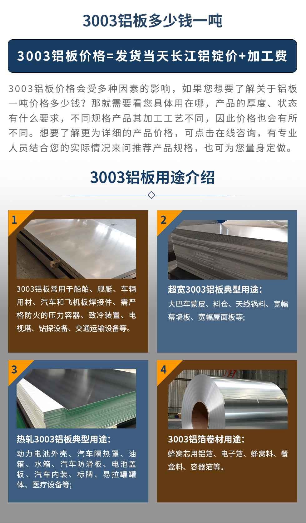 3003鋁板用途介紹
　　3003鋁板常用于船舶、艦艇、車(chē)輛用材、汽車(chē)和飛機(jī)板焊接件、需嚴(yán)格防火的壓力容器、致冷裝置、電視塔、鉆探設(shè)備、交通運(yùn)輸設(shè)備等。超寬3003鋁板典型用途：大巴車(chē)蒙皮、料倉(cāng)、天線鍋料、寬幅幕墻板、寬幅屋面板等;熱軋3003鋁板典型用途：動(dòng)力電池外殼、汽車(chē)隔熱罩、油箱、水箱、汽車(chē)防滑板、電池蓋板、汽車(chē)內(nèi)裝、標(biāo)牌、易拉罐罐體、醫(yī)療設(shè)備等;3003鋁箔卷材用途： 蜂窩芯用鋁箔、電子箔、蜂窩料、餐盒料、容器箔等。