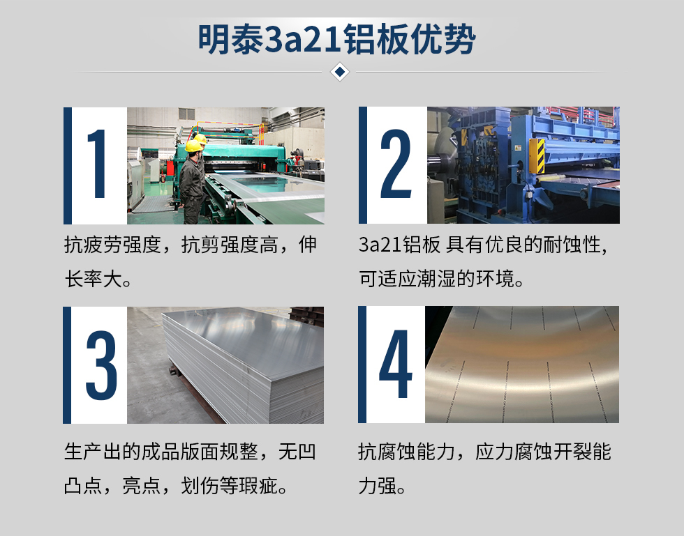 明泰3a21鋁板優(yōu)勢
　　1、抗疲勞強度，抗剪強度高，伸長率大。
　　2、3a21鋁板 具有優(yōu)良的耐蝕性,可適應(yīng)潮濕的環(huán)境。
　　3、 生產(chǎn)出的成品版面規(guī)整，無凹凸點，亮點，劃傷等瑕疵。
　　4、抗腐蝕能力，應(yīng)力腐蝕開裂能力強。